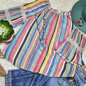 Spense Brand Top Blouse, Multi-Color Stripes, Crochet Accents, Size Large EUC
